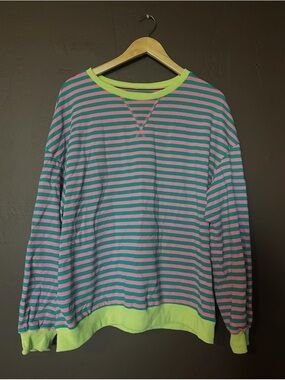 Striped Crewneck Sweatshirt in Pink, Teal & Neon Lime